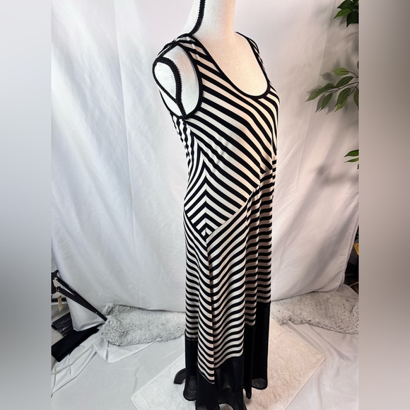 Ellen Parker dress sleeveless stretchy white/black stripes sheer black trim - Picture 11 of 13